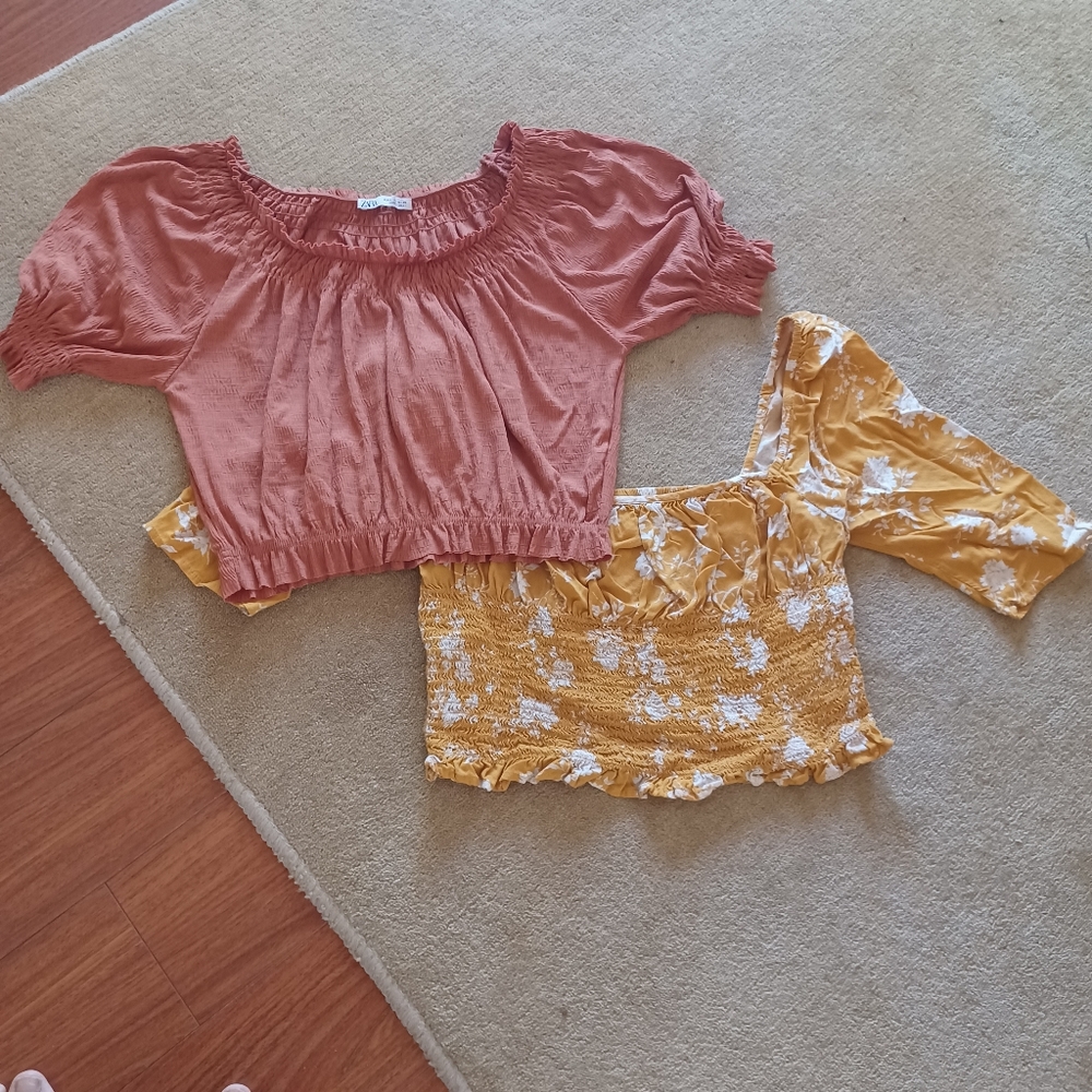 2 Milkmaid Tops M smocked Zara S crop boho Y2k Cottage Core Coquette Festival